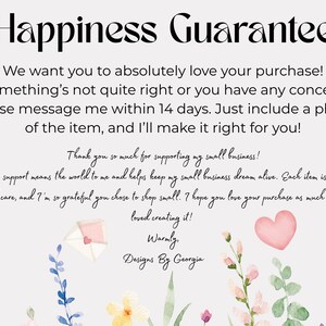 Peut inclure: Image avec le texte "Happiness Guarantee" en haut. Le texte ci-dessous indique que le vendeur souhaite que vous aimiez votre achat et y rem&eacute;diera si vous avez des inqui&eacute;tudes dans les 14 jours. Des motifs floraux et un c&oelig;ur rose sont inclus.