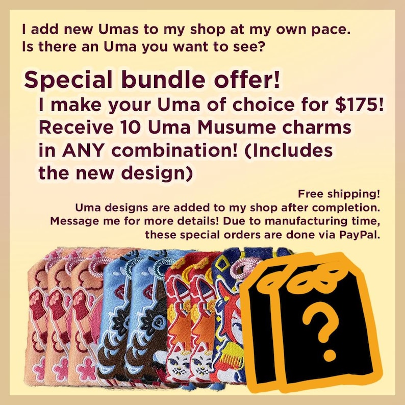 May include: A collection of ten rectangular fabric charms featuring embroidered Uma Musume character designs in pink, blue, and red, alongside a black graphic icon with a yellow question mark and the text Special bundle offer.