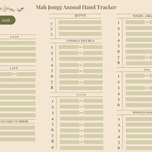 May include: A beige Mah Jongg Annual Hand Tracker for 2026. The tracker features sections for Quints, Consecutive Run, Winds-Dragons, 369, Any Like Numbers, 13579, and Singles and Pairs. The Cozy Leisure Co. logo is in the upper left corner.