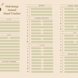 May include: A beige Mah Jongg Annual Hand Tracker for 2026. The tracker features sections for various hands, including Quints, Consecutive Run, and Singles and Pairs. The design includes text and a logo in a soft, neutral color palette.