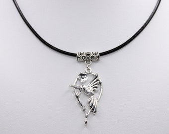 Silver Hummingbird on a branch leather cord pendant necklace