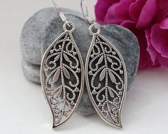 Antique silver filigree leaf earrings with 925 Sterling silver hooks