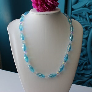 Aquamarine faceted oval glass bead statement necklace with clear cube beads
