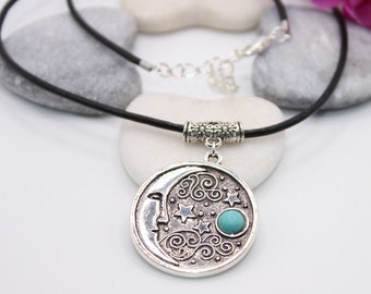 Silver Man in the Crescent moon with turquoise leather cord pendant necklace