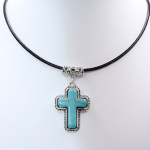 Zilveren turquoise Tibetaanse kruishangerketting met zwart leren koord