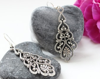 Silver filigree chandelier long drop earrings with 925 Sterling silver hooks