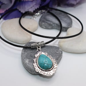 Silver and Turquoise water drop leather cord pendant necklace