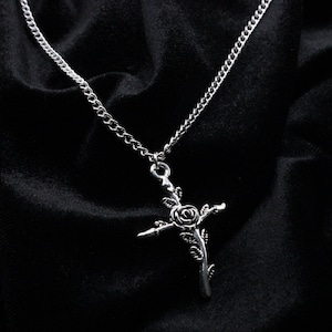 Silver Rose Cross pendant necklace with curb chain