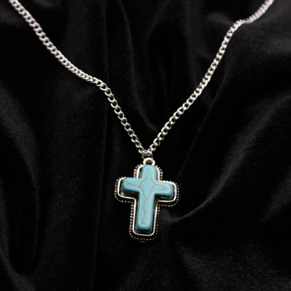 Collier pendentif croix argent turquoise avec chaîne