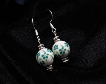 Porcelain Floral Earrings: Bali Beads, Green Flower Pattern, Sterling silver hooks