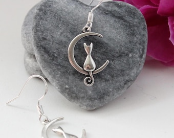 Tibetan Silver Cat on the Moon earrings with 925 Sterling silver hooks