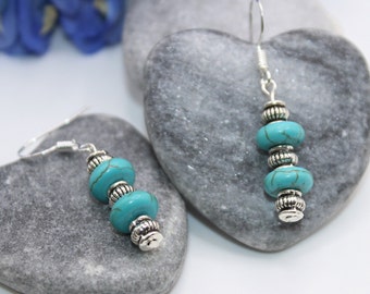 Turquoise disc earrings with Tibetan barrel beads and 925 Sterling silver hooks