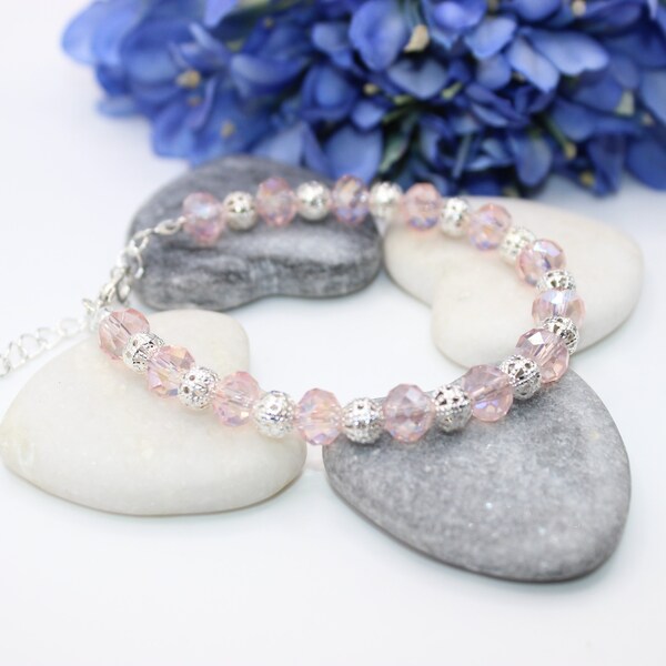 Silver filigree and rondelle faceted vintage rose lustre glass bead bracelet