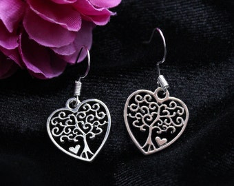 Tree of Life heart earrings with 925 Sterling silver hooks