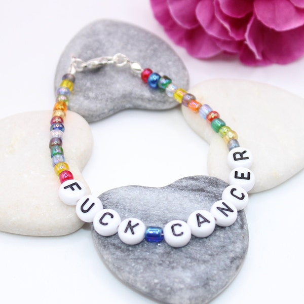 Fuck Cancer bracelet with rainbow multicolour glass beads for adults