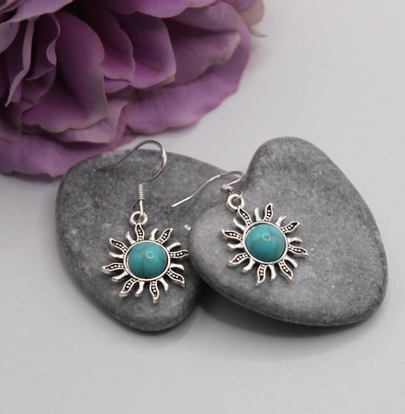 Tibetan silver Boho Turquoise Sunburst earrings with 925 Sterling silver hooks