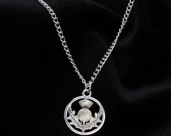 Tibetan Silver Scottish Thistle pendant necklace with curb chain