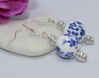 Handmade Porcelain Floral Earrings: Sterling Silver Hooks, Tibetan Style Beads