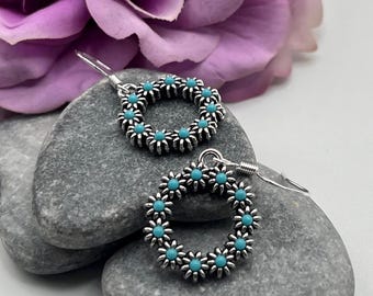 Tibetan silver Boho Turquoise Daisy Flower earrings with 925 Sterling silver hooks