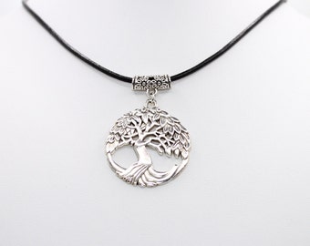 Silver Tibetan Tree of Life leather cord pendant necklace