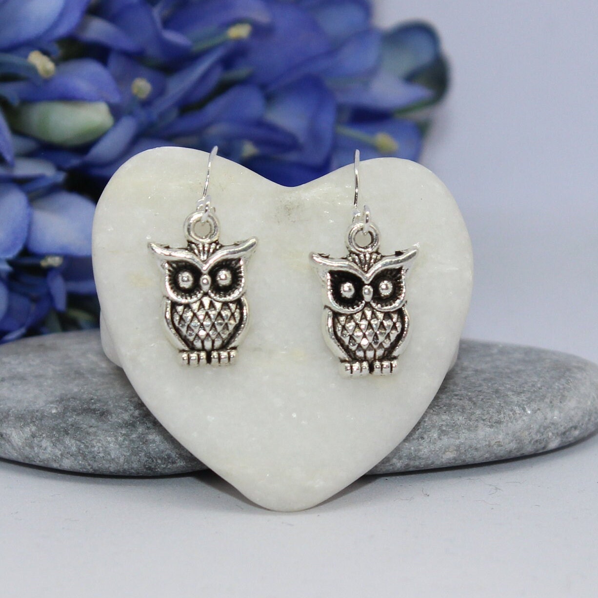 Antique silver tone owl earrings with 925 Sterling silver hooks