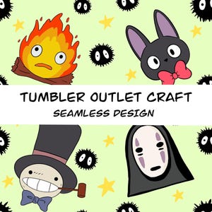 Puede incluir: Diseño sin costuras con personajes de dibujos animados y estrellas sobre un fondo verde claro. El diseño incluye un fuego, un gato negro con un lazo rosa y un personaje con sombrero de copa. El texto dice "TUMBLER OUTLET CRAFT SEAMLESS DESIGN."