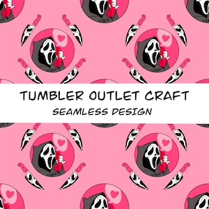 May include: Seamless pattern featuring a pink background with repeating illustrations. The design includes a cartoon Ghostface character holding a red telephone inside a pink circle with a heart, and pink-handled knives. The text "TUMBLER OUTLET CRAFT SEAMLESS DESIGN" is displayed.