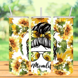 Mom life messy bun sunflower tumbler wrap digital design