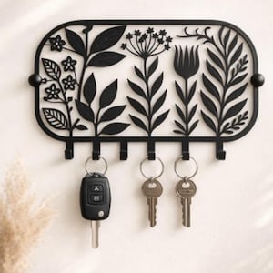 Schlüsselhalter mit Kräutergarten-Motiv – Schlüsselbrett aus Metall mit Blumenmuster und 6 Haken – Wandmontierter Organizer für Eingangsbereich – Rustikale Dekoration für Küche oder Flur