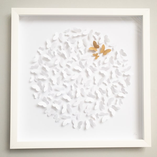 3D Butterfly Paper wall art. White on white artwork. Minimalistic wall art. Original artwork. Paper cut artwork. Circle paper art. Box frame