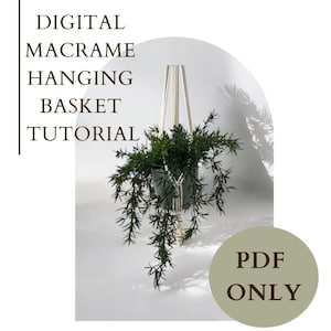 May include: Digital macrame hanging basket tutorial PDF only. A white macrame hanging basket with a green plant inside is shown against a white background.