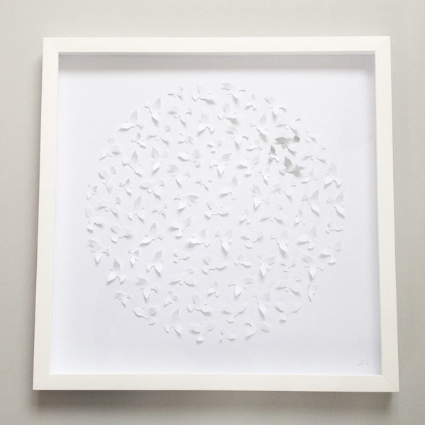 3D Bird paperwall art. Paper wall art. White on white artwork. Minimalistic wall art. Original artwork. Paper cut artwork. Circle paper art.
