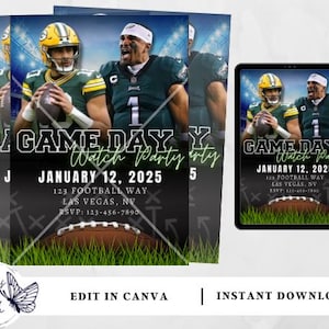 Packers vs Eagles | Regarder la fête d'invitation | Invitation de football modifiable | Regarder la fête | Faire-part numérique | Faire-part d'anniversaire