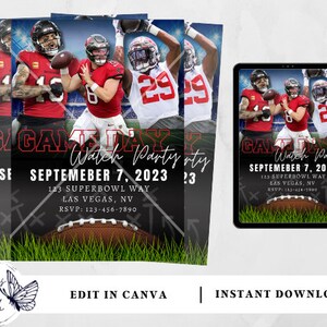Puede incluir: Una invitación negra y roja con temática de fútbol americano. La invitación dice "Game Day Watch Party" con la fecha "September 7, 2023" y la dirección "123 Superbowl Way, Las Vegas, NV". La invitación también incluye un número de teléfono para RSVP: 123-456-7890.