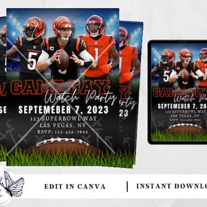 May include: A printable invitation for a game day watch party. The invitation features a black background with white text and a football field with three football players in orange and black uniforms. The text on the invitation reads "Game Day Watch Party" and includes the date, time, and location of the party.