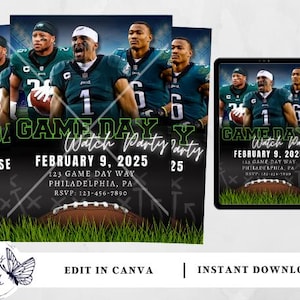 Może przedstawiać: Cyfrowa ulotka na Game Day Watch Party 9 lutego 2025 r. pod adresem 123 Game Day Way, Filadelfia, PA. Projekt przedstawia zawodników futbolu amerykańskiego Eagles, piłkę na trawie oraz tekst RSVP: 123-456-7890.