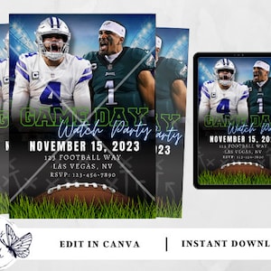 May include: Editable digital invitation for a game day watch party. The invitation features a football player in a blue and white jersey and a football player in a green and white jersey. The text on the invitation reads "Game Day Watch Party" and includes the date, time, and location of the event.