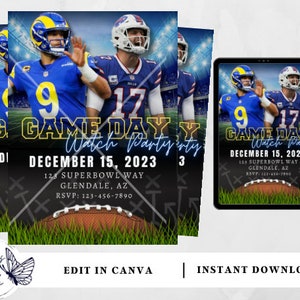 Può includere: Un invito stampabile per una festa di visione del Super Bowl. L'invito presenta uno sfondo nero con X bianche e grigie, un pallone da football e due giocatori di football che indossano maglie blu e rosse. Il testo dell'invito recita "Game Day Watch Party" e include la data, l'ora e il luogo della festa.