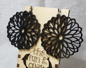 Flower Mandala Earrings, Black, Acrylic Jewelry, Laser Cut Earrings, Floral, Geometric, Gift For Her, Unique Gift, Mandala