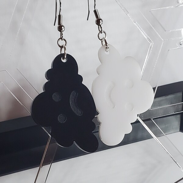 Cloud Earrings, Black and White, Acrylic Jewelry, Laser Cut Earrings, Silver, Happy Cloud and Sad Cloud, Gift For Her, Unique Gift |