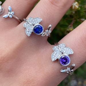 Silver Butterfly Ring | Silver Adjustable Ring | 925 Sterling Silver Ring | Cubic Zirconia Purple, Blue and Silver Ring | Butterfly Ring