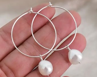 Large Pearl Hoop Earrings in Sterling Silver|Minimalist Earrings| Freshwater Pearl Earrings| 925 Silver Pearl Earrings| Wedding |Baroque