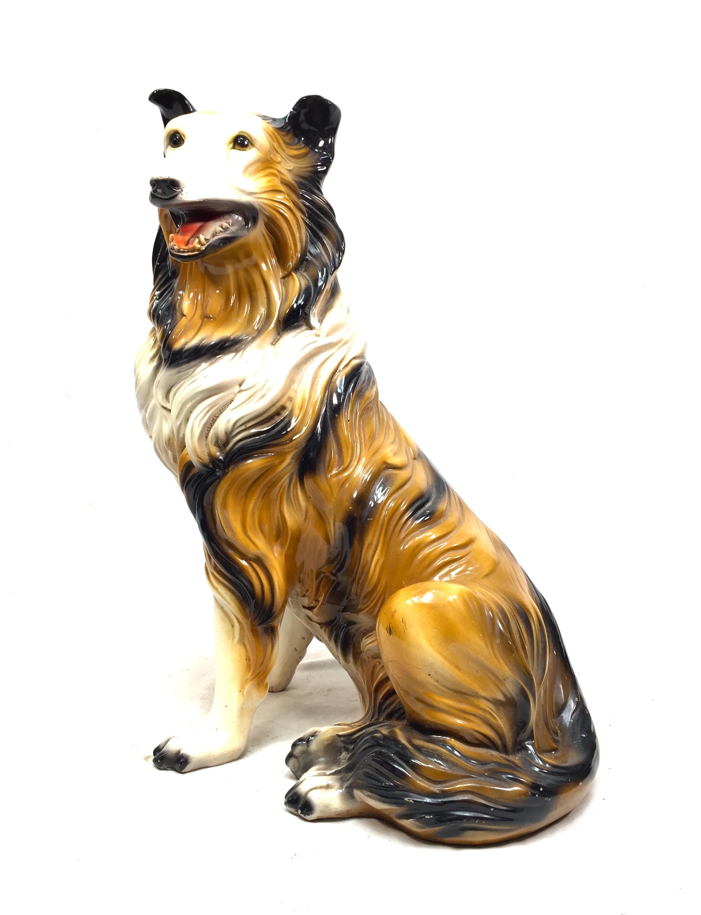 レザー彫刻　1980's made in USA Vintage 1980s Large Life Size Ceramic Collie Dog Statue / Floor