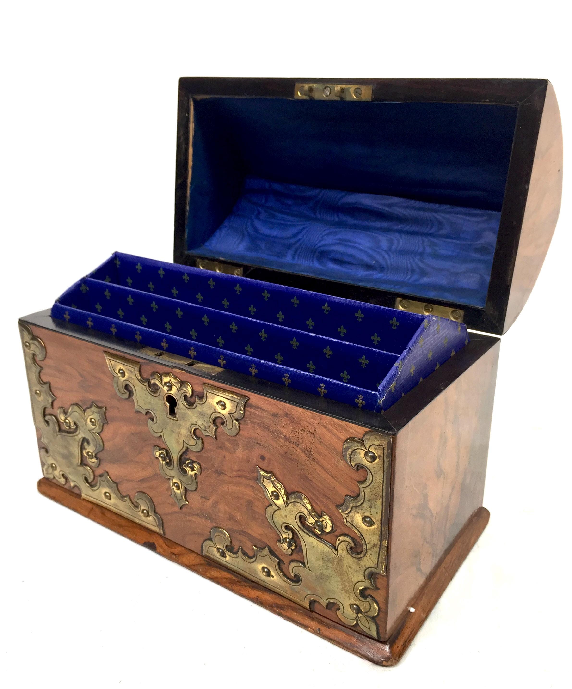 Antique Victorian Walnut & Brass Tabletop Stationery Box Cabinet