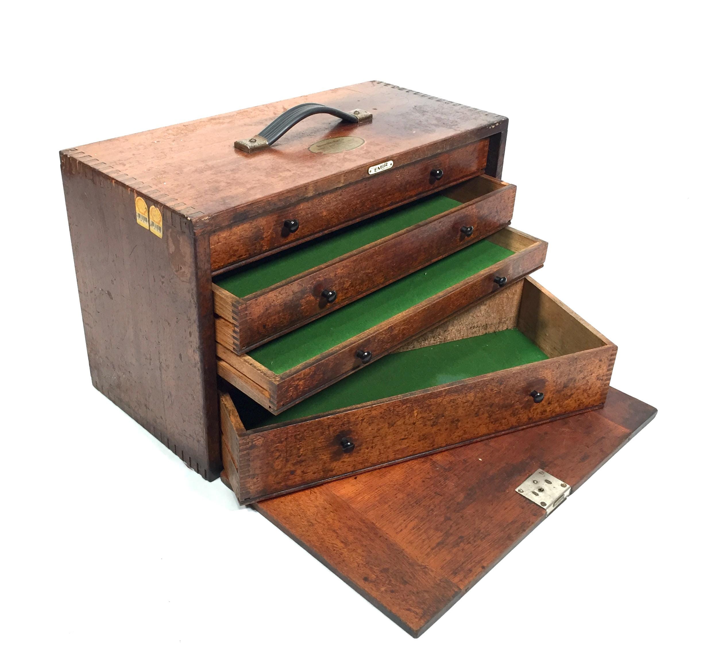 Antique Wooden Engineers Toolbox / Collectors Cabinet by Emir With