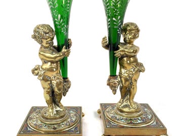 Antique Pair of French Gilt Bronze & Champlevé enamel / Hand painted Glass Vases