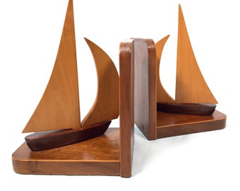 Antique Wooden Treen Bookends / Book Rack Shelf Display / Boat / 20th Century
