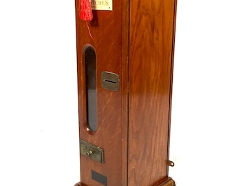 Antique Advertising Coin Operated Oak Matchbox Vending Machine Working With Key