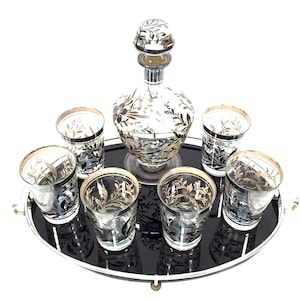 Antique Early 20th Century Decanter & Glass Drinking Set with Serving Tray c1920