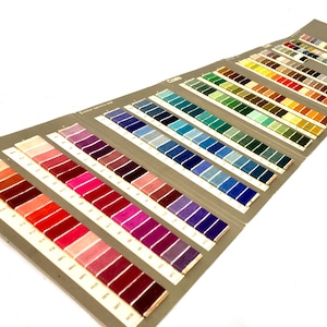 Può includere: Un campionario di colori con una vasta gamma di colori di filo. Il libro è aperto, mostrando file di varie tonalità, tra cui rossi, rosa, blu, verdi e gialli. Ogni colore è presentato come un piccolo campione di filo ordinatamente avvolto.